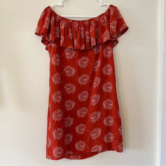 Madewell | Silk Off the Shoulder Dress | Orange Palm flower print | Size Medium - Picture 12 of 13